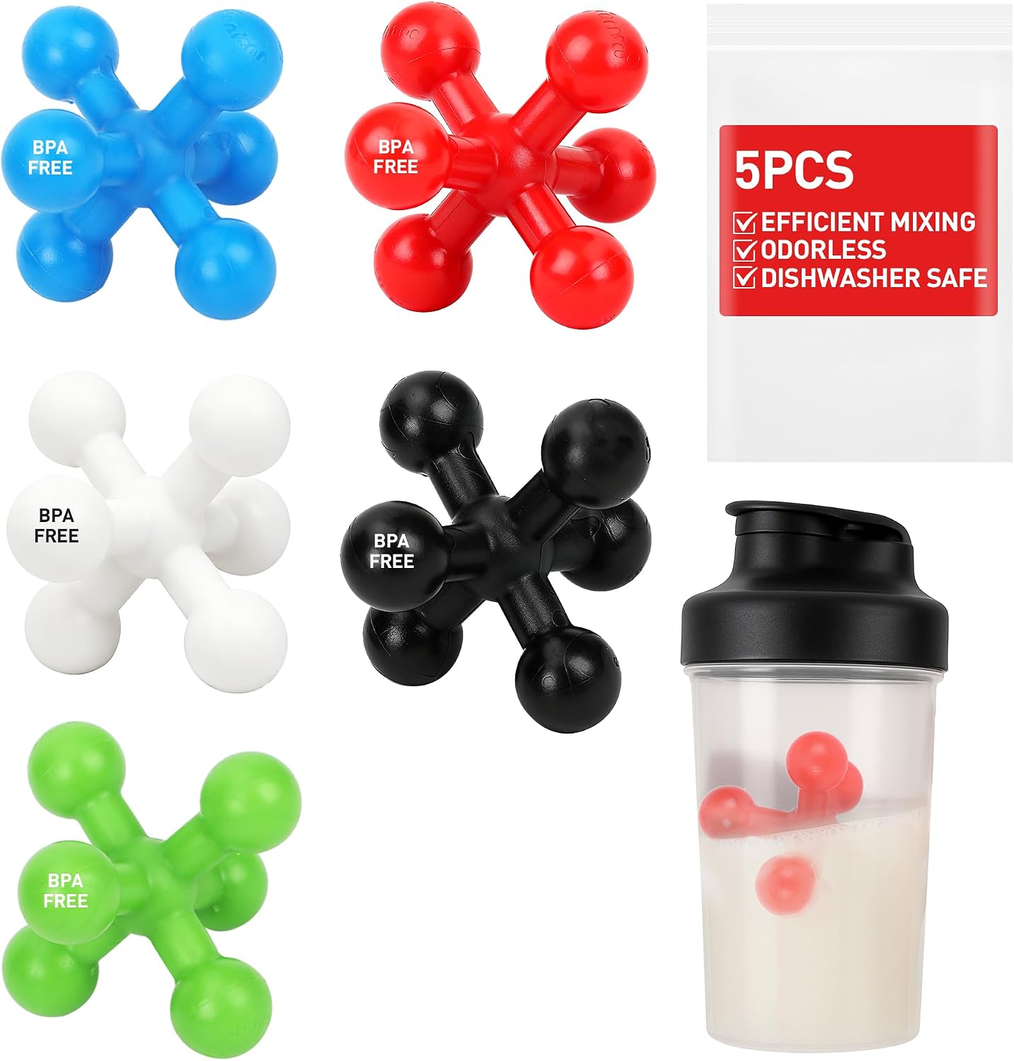 Hydro2Go Shaker Ball 5-Pack, BPA-Free Food Grade Plastic Replacement Mixing Balls for Protein Shaker Bottle, Easy-Clean 2.2″ Universal Fit for Most Protein Shakes, Smoothies & Formula Bottles