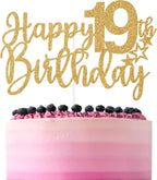Gold Glitter Happy 19th Birthday Cake Topper, Cheers to 19 Years/Hello 19/Level 19 Unlocked, Funny 19th Birthday Party Decorations for Adult Boys Girls