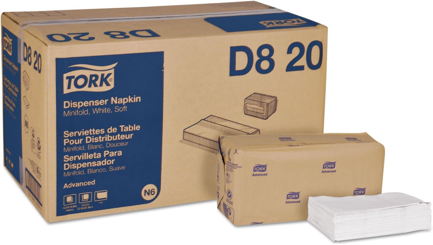 Tork Advanced Soft Minifold Dispenser Napkin, 12 packs, 500 napkins, D820, 3.8x6.5 inch,12x13 inch, White