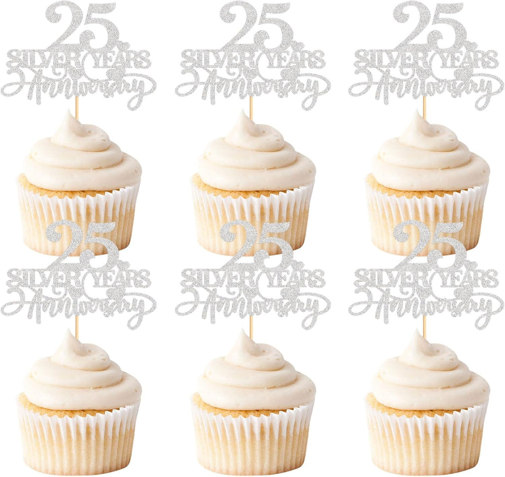 24 PCS 25th Anniversary Cupcake Toppers 25 Sliver Years Anniversary Cupcake Picks Cheers to 25 Years Wedding Anniversary Happy 25th Birthday Party Cake Decorations Supplies