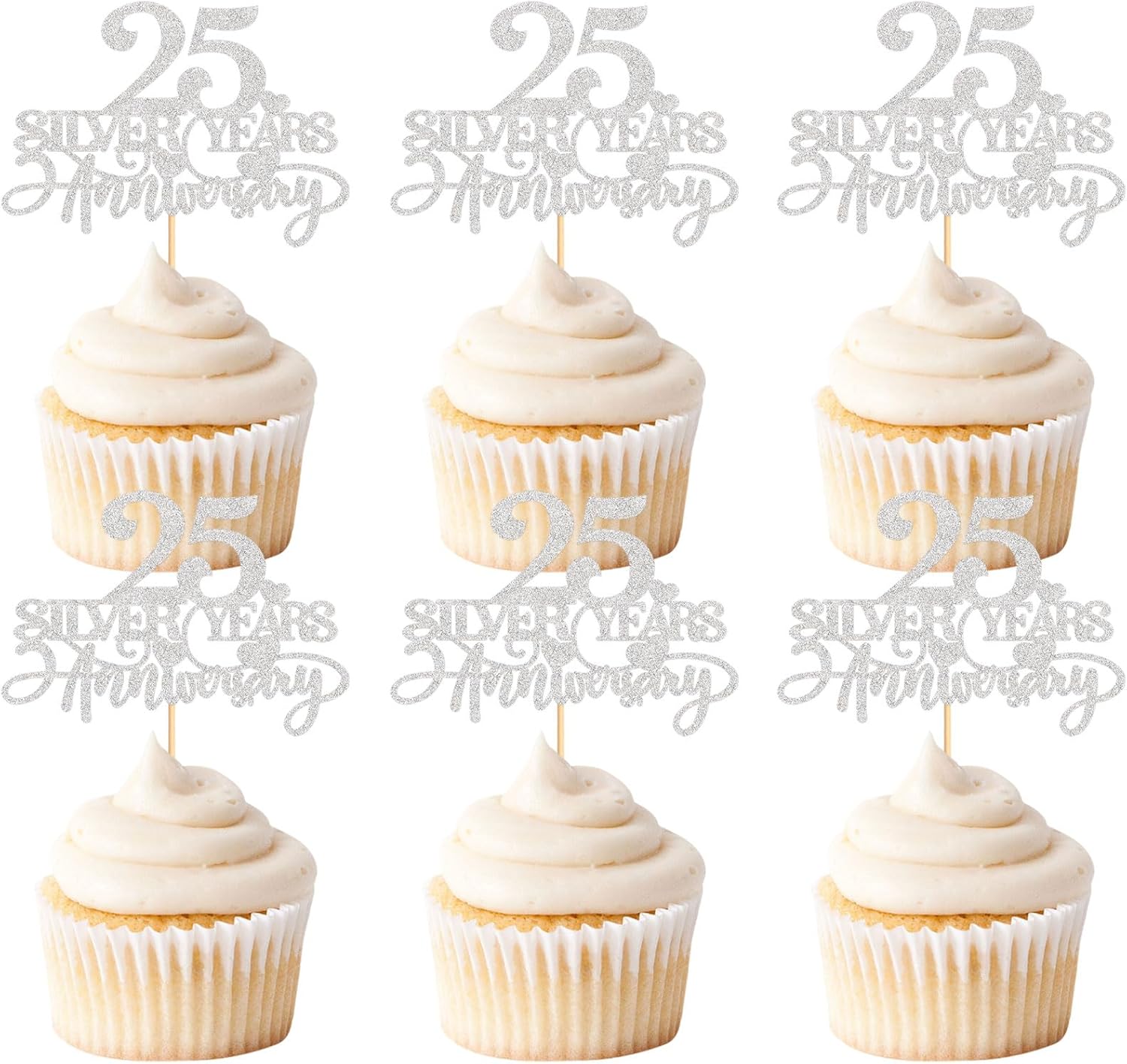24 PCS 25th Anniversary Cupcake Toppers 25 Sliver Years Anniversary Cupcake Picks Cheers to 25 Years Wedding Anniversary Happy 25th Birthday Party Cake Decorations Supplies