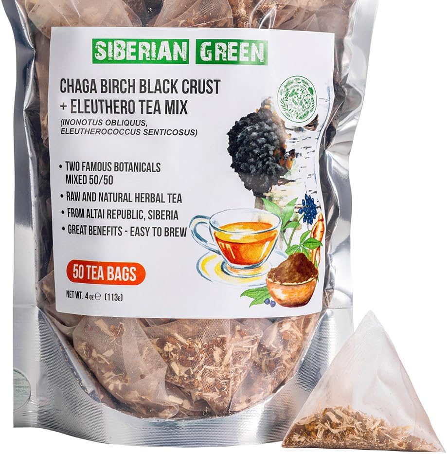 Siberian Green Chaga Tea with Siberian Ginseng Root – 50Pcs Equal Ratio Natural Pure Tea Bags with Chaga Eleuthero Mix – Non-GMO, No Fillers Siberian Sourced Infusion Bags for Focus, Energy
