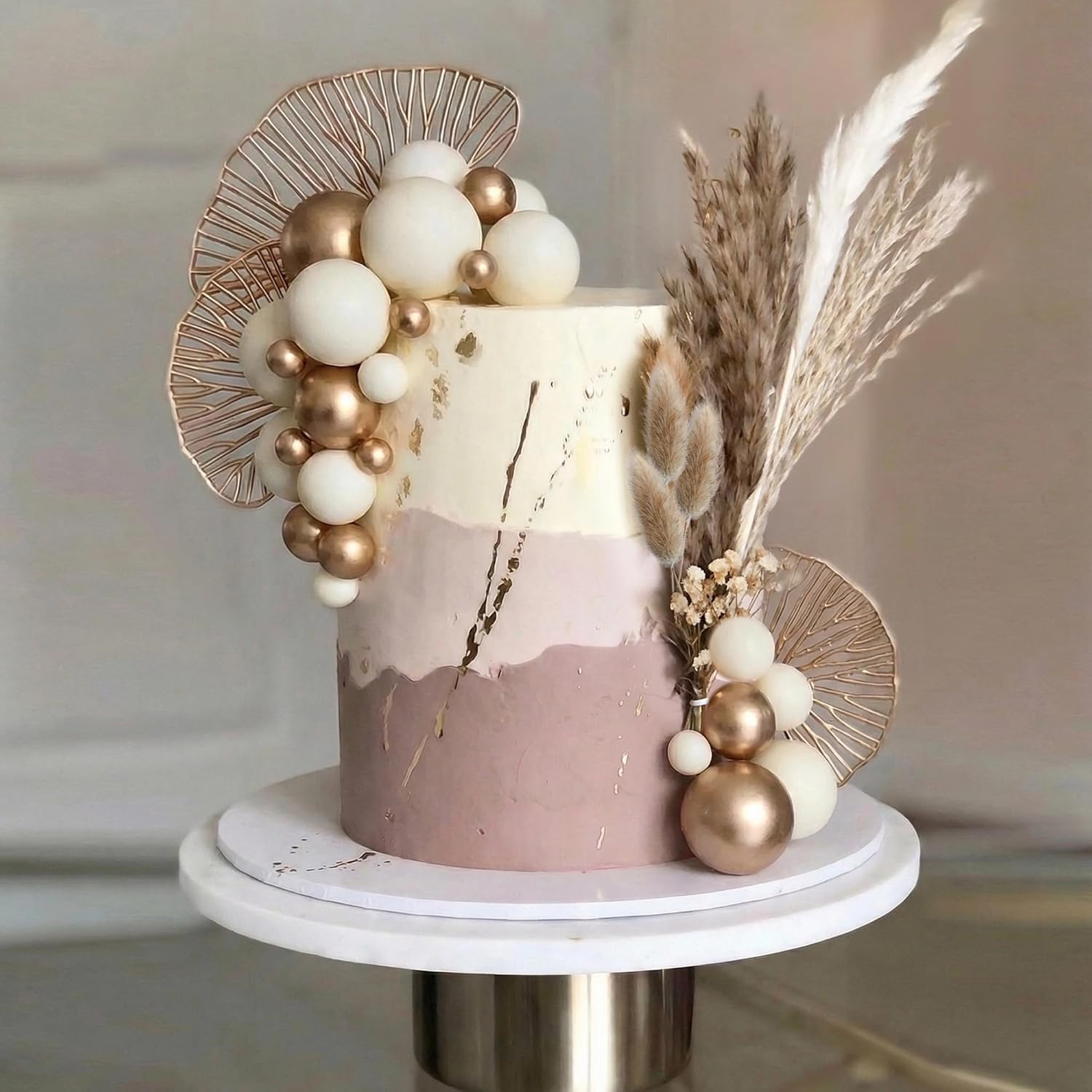 50 PCS Boho Cake Toppers Mini Balls Cake Topper Various Dried Pampas Grass Cake Decor for Boho Home Wedding Cake Decoration (Grey White Gold)