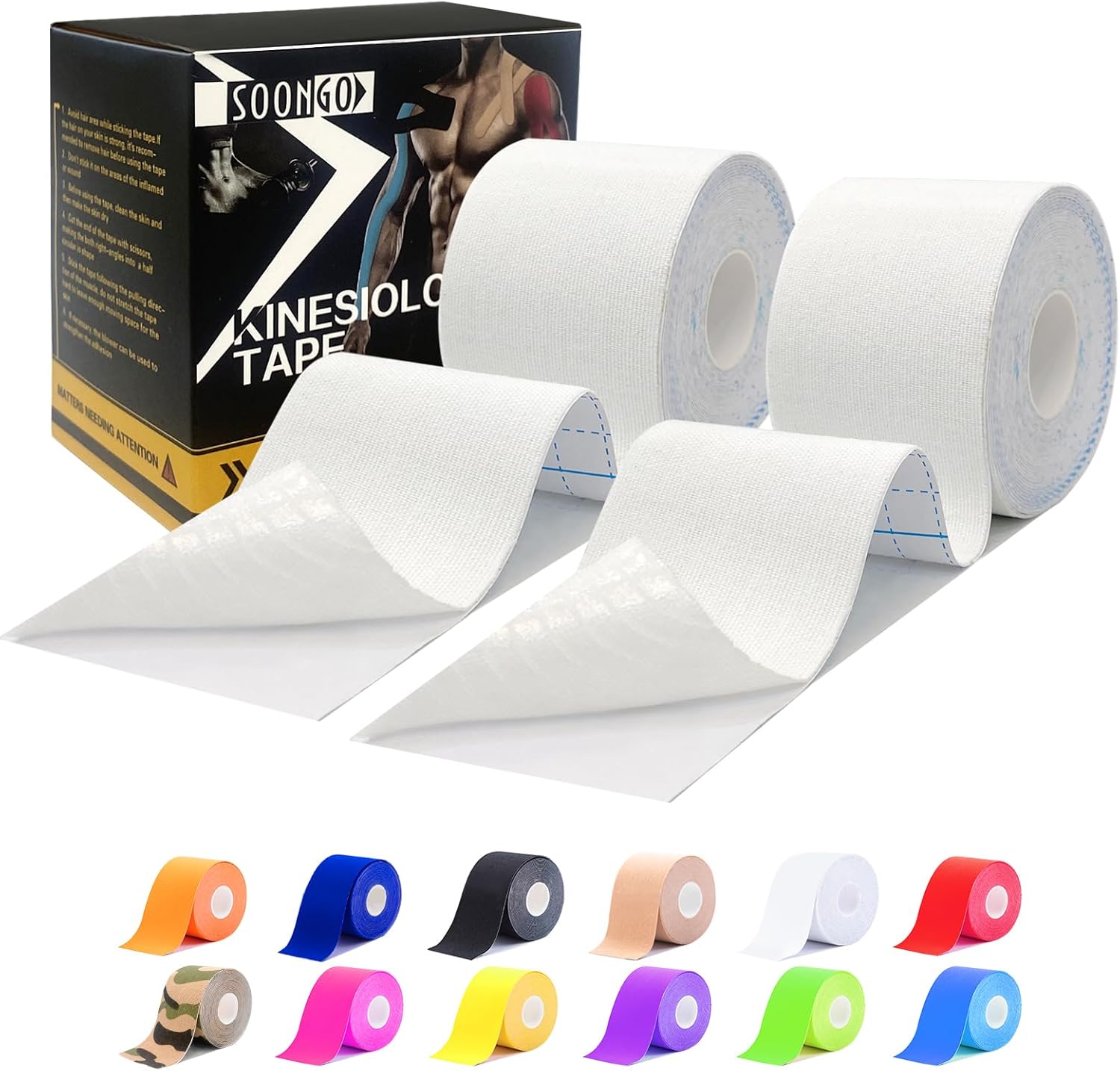SOON GO Kinesiology Tape Pro 2 Rolls, 2 Inch High Elasticity Sports Tape Therapeutic Pain Relief–Physio Tape for Muscle Recovery & Joint Support, Waterproof & Hypoallergenic & Breathable–White