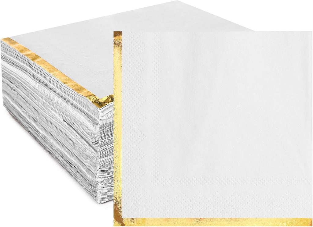 Fulmoon 200 Pcs Paper Napkins with Gold Foil Edge 2 Ply Cocktail Napkins Soft Disposable Golden Trim Lined Dinner Napkins Decorative Cocktail Napkin Paper for Wedding Birthday Anniversary (White)