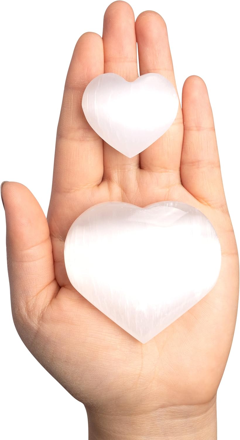 2 pc Selenite Heart Palm Stone, Heart Shaped Crystals and Healing Stones- Pocket Worry Stone for Anxiety and Stress Relief - Healing Crystals for Meditation, Reiki, Spiritual and Crystal Gifts