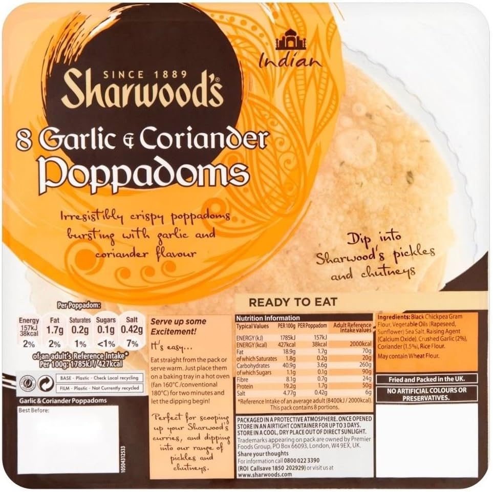 Sharwood's Garlic & Coriander Poppodums (8)