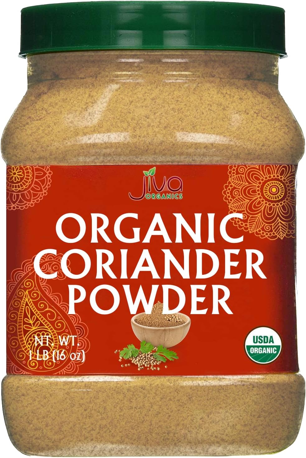 Jiva Organic Coriander Powder 1 Pound Large Jar (16oz) - Pure, Non-GMO, Lab Tested, 100% Raw Ground Coriander from India