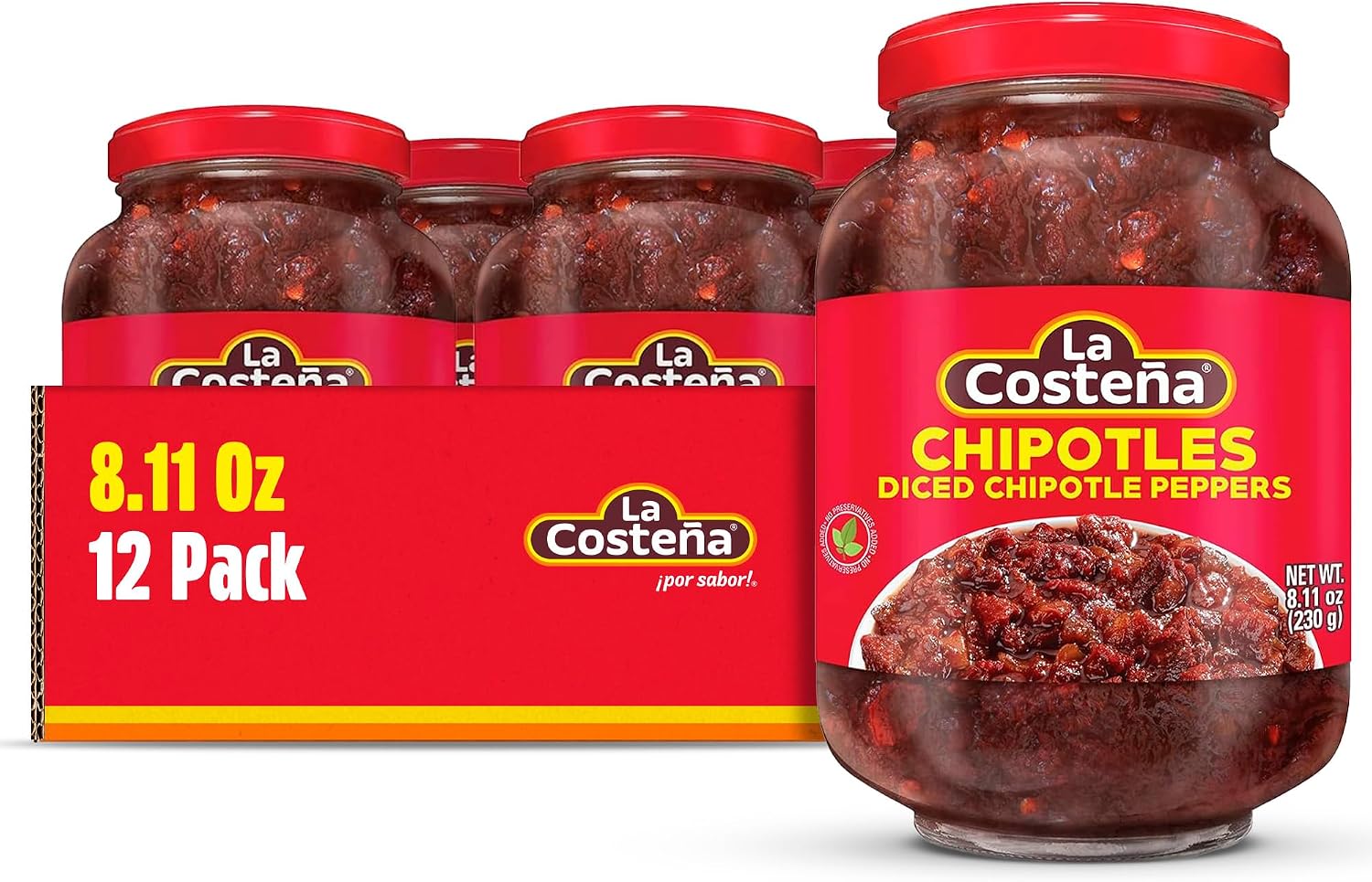 La Costeña Chipotle Peppers - Spicy Smoked Diced Peppers for Chipotle Sauce, Adobo Sauce, Mexican Food, Taco, Enchiladas & Salsa - Pickled Vegetables - Diced Chilis - 8.11oz, 12 Pack Jarred Vegetables