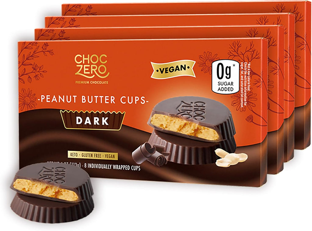 ChocZero Dark Chocolate Peanut Butter Cups, Vegan, Sugar Free, Low Carb Snack, High Fiber, Keto Friendly, 32 Total Cups (4 Ounce, Pack of 4)