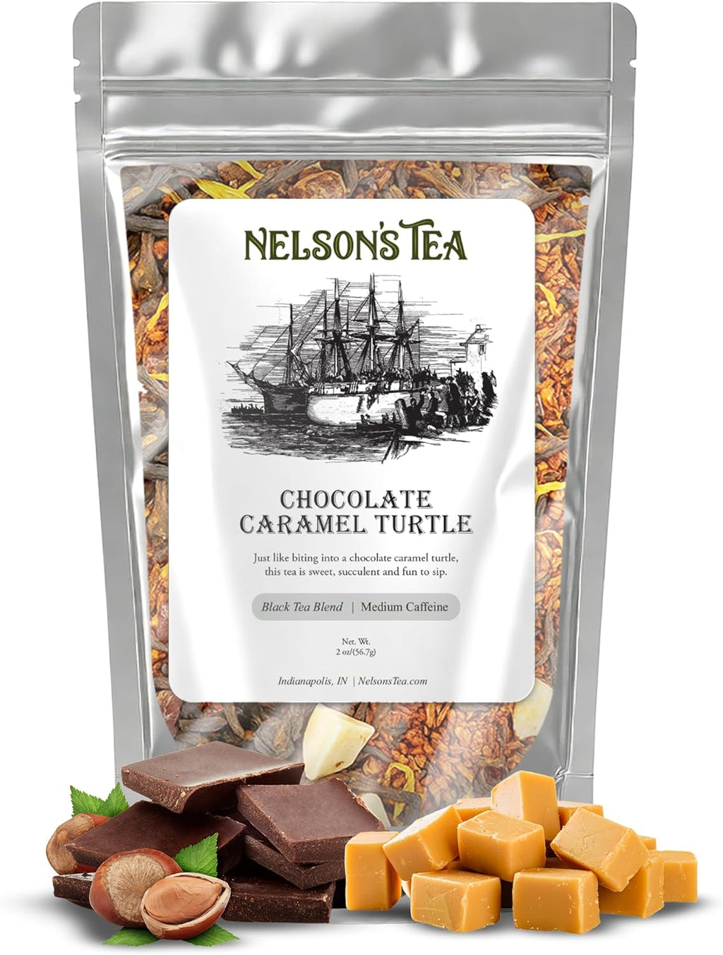 Nelson's Tea - Chocolate Caramel Turtle Loose Leaf Tea - Blend of Red Rooibos, Cinnamon Chips, Marigold Petals, Caramel Pieces, Chocolate Chips-Unwrap Sweet Tea Indulgence in Every Tea Cup - 2 oz