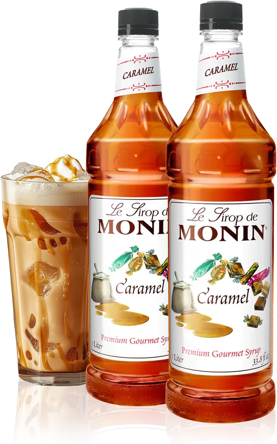 Monin - Caramel Syrup, Rich and Buttery, Great for Desserts, Coffee, and Cocktails, Gluten-Free, Non-GMO (1 Liter, 2-Pack)