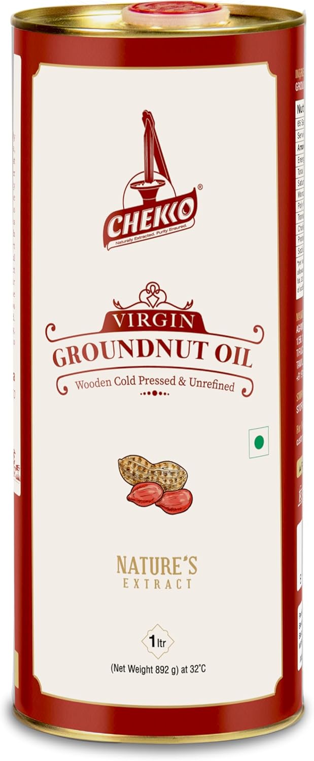 CHEKKO 100% Pure Cold-Pressed Peanut Oil (Groundnut Oil) 1 Liter (33 Fl Oz) – Natural Cooking Oil for Deep Frying, Roasting & Everyday Cooking.