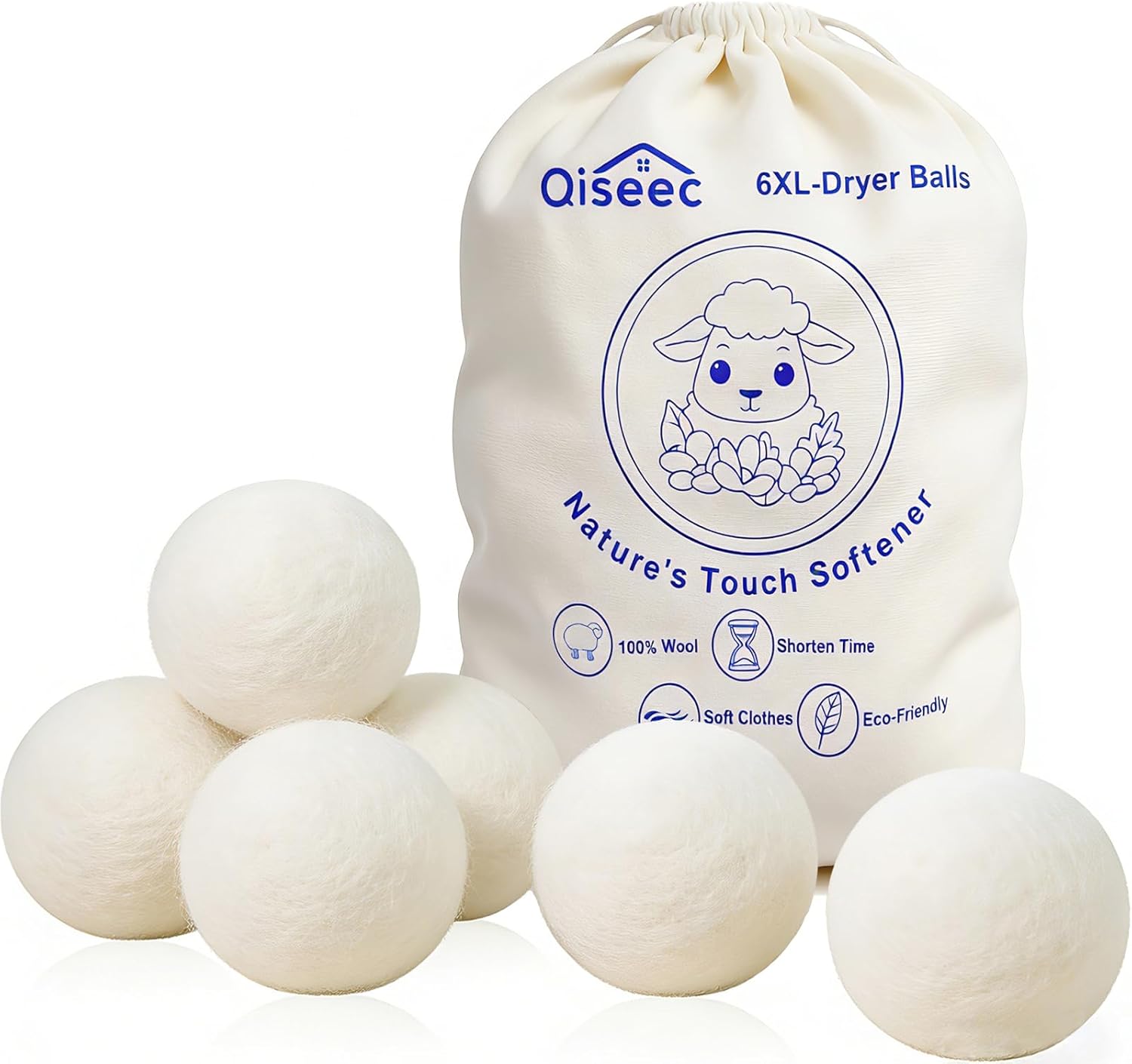 Wool Dryer Balls 6-Pack XL - Natural Reusable Laundry Fabric Softener, Reduces Wrinkles & Drying Time, Hypoallergenic, Leaves Fabrics Naturally Soft and Fluffy