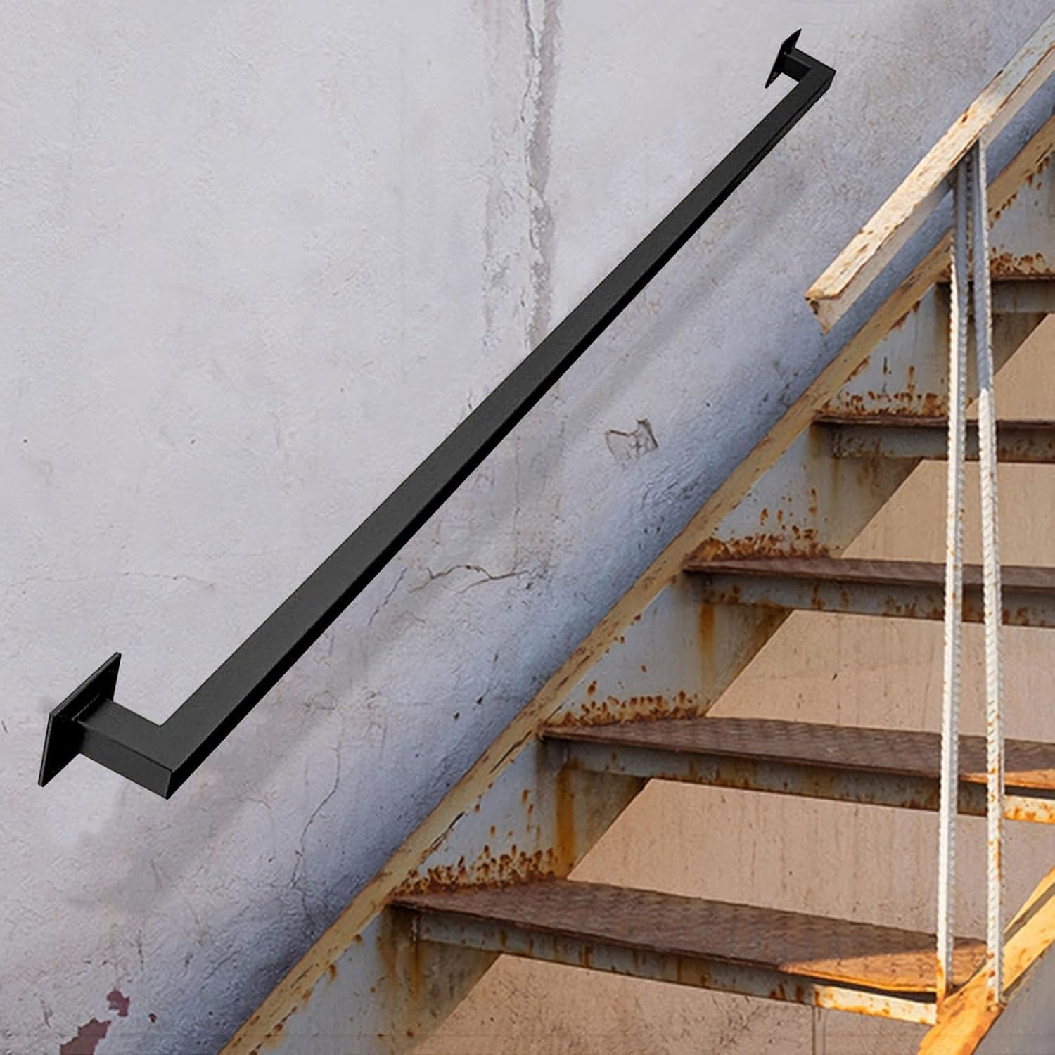 1ft-20ft Industrial Square Pipe Staircase Handrails, Stair Rustic Banister with Wall Mount Supports, Non-Slip Grab Bar Railing Industrial Galvanized Steel Pipe Handle(Black,10ft/300cm)