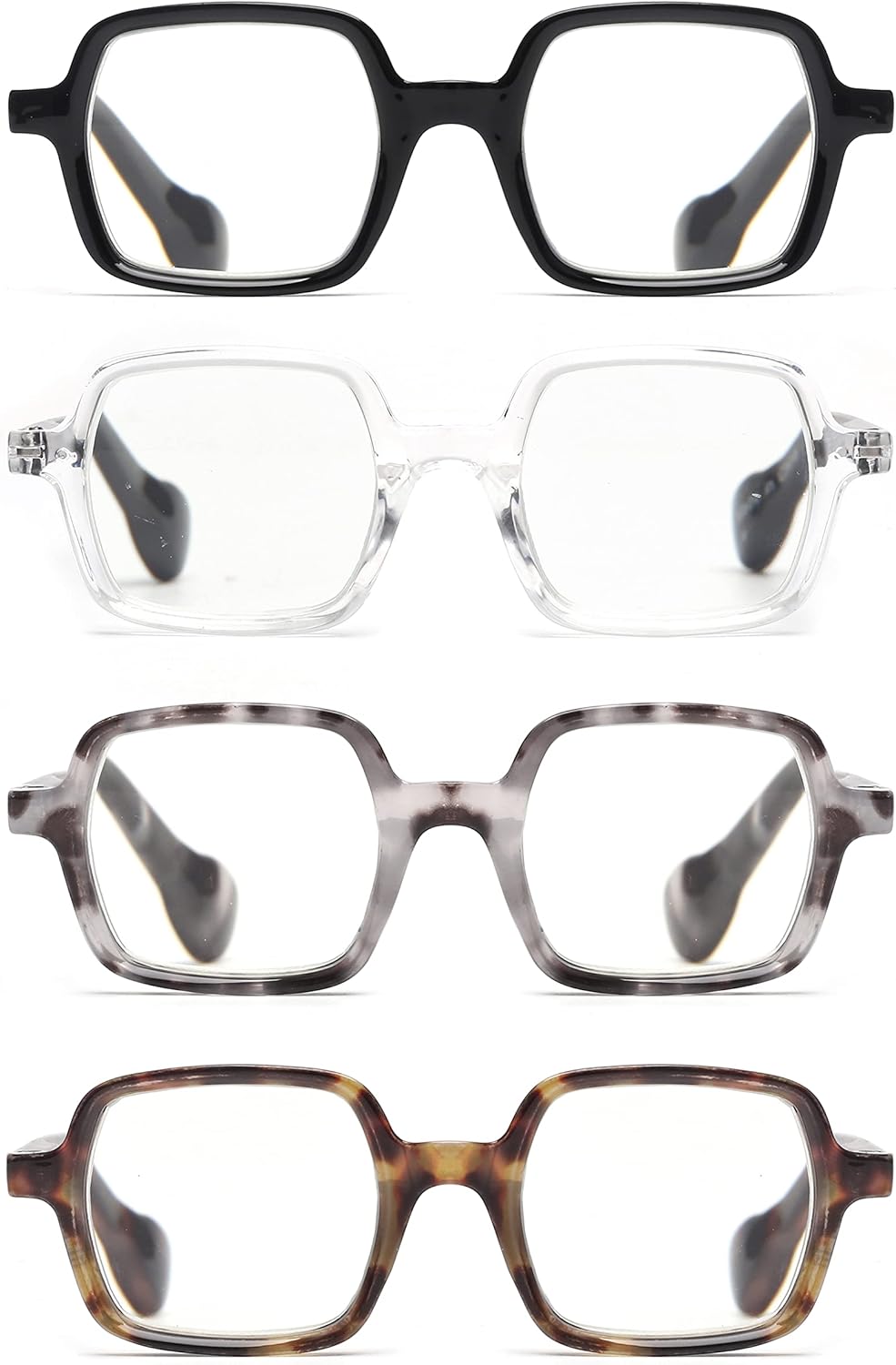 JM 4 Pack Square Reading Glasses, Blue Light Blocking Computer Reader for women men, Spring Hinge