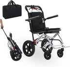 Folding Portable Transport Wheelchair, Lightweight Travel Compact Chair, 12-inch Honeycomb tire with Shock Absorption, for Adults and Seniors Support 220lbs,Black,Silver Frame