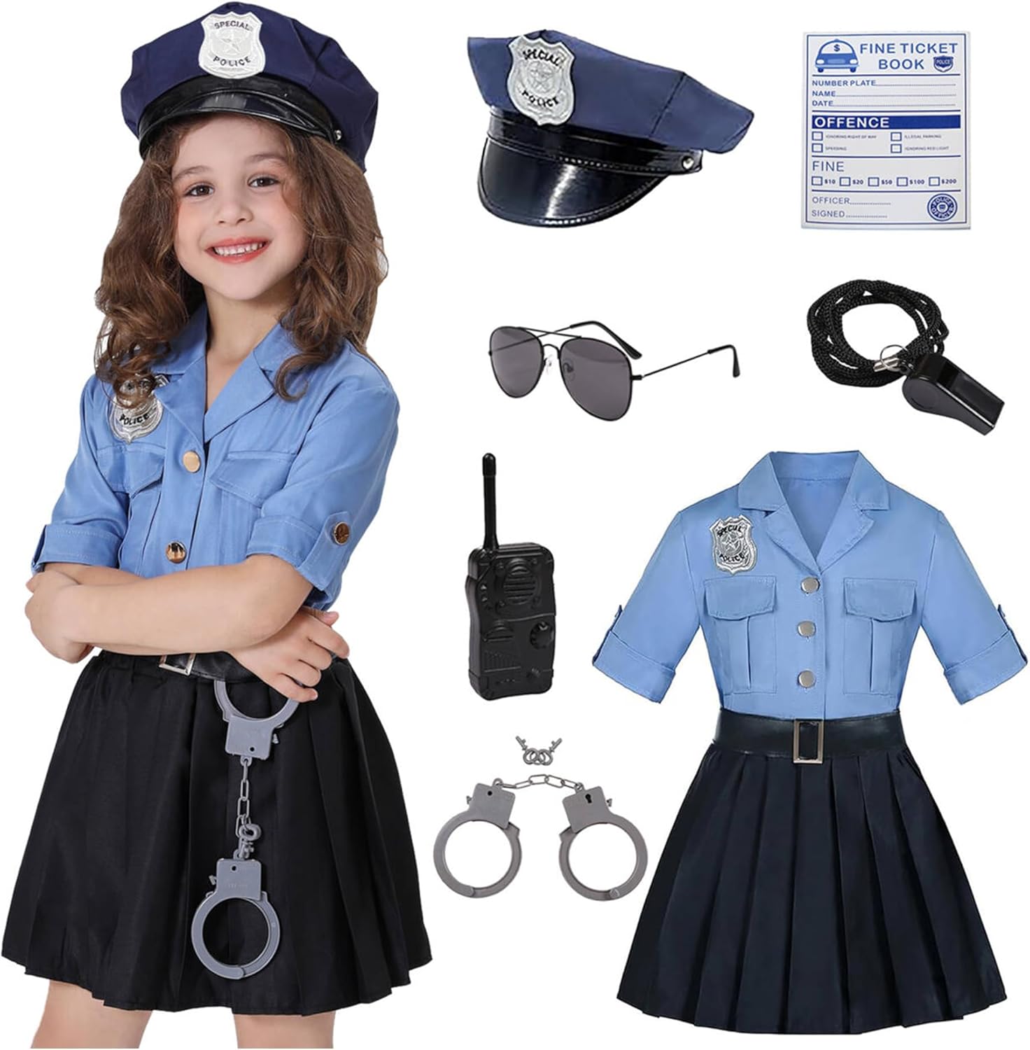 Koatobbor Girls Police Officer Costume Kids Cop Cosplay Outfits Uniform for Halloween Dress Up
