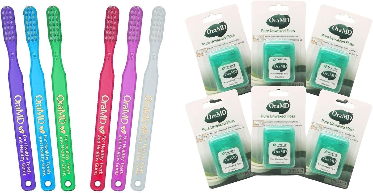 OraMD Dr Bass Toothbrush 6-Pack + Pure Unwaxed Dental Floss 6-Pack Soft Bristles Sensitive Teeth