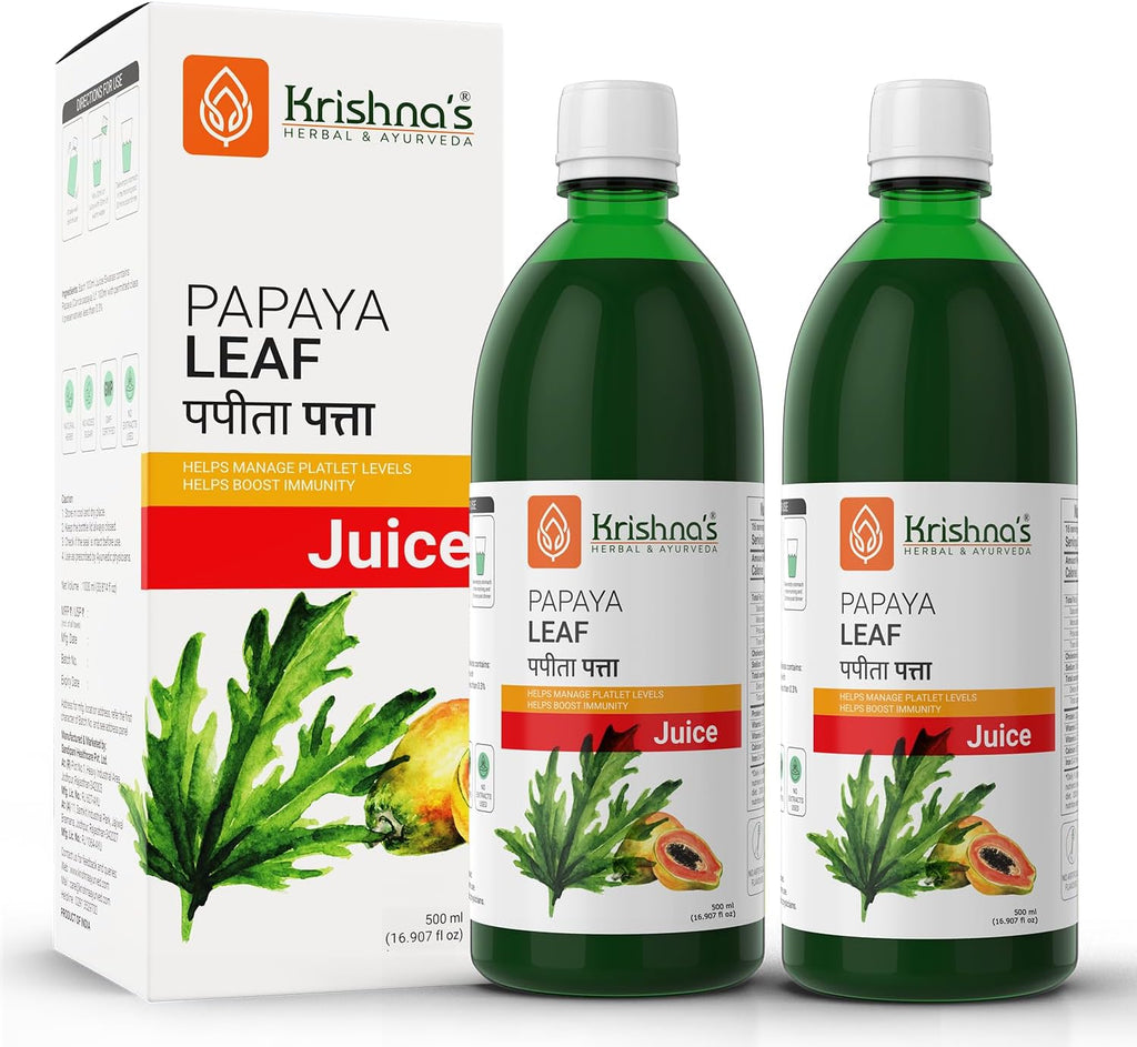 KRISHNA'S HERBAL & AYURVEDA Papaya Leaf Juice - Fresh Papaya Leaves Helps to Boost platelets Count 500 ml (Pack of 2)