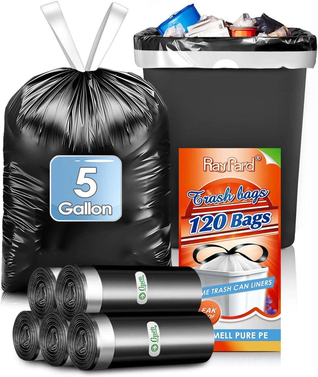 5 Gallon (fit 18-20L)120 Counts Strong Drawstring Trash Bags, Small Plastic Garbage Bags Trash Can Liner for Home Office Kitchen Bathroom Bedroom, Black Waste Basket Liners