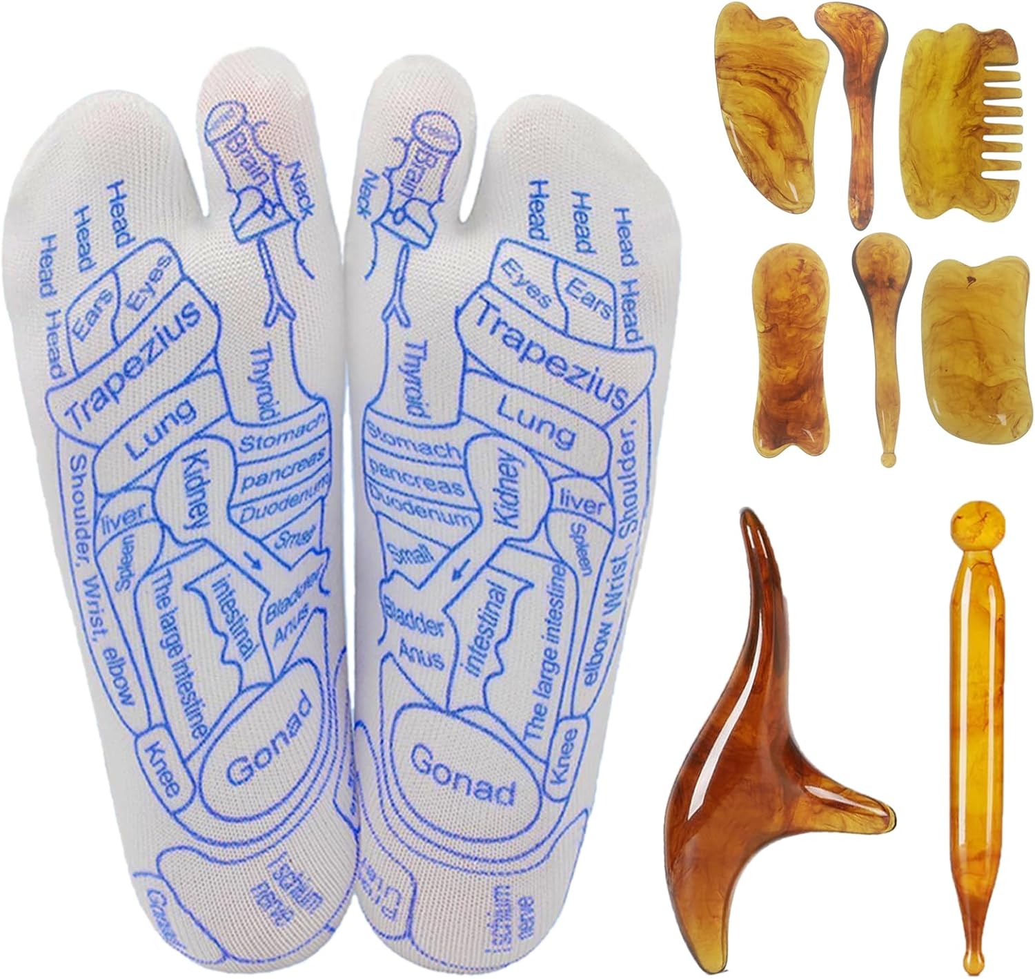 Acupressure Reflexology Socks with 8pcs Amber Massage Tools,Foot Relief and Massage Sticks Acupressure Reflexology Chart Socks with Trigger Points Tools,Women and Men Socks