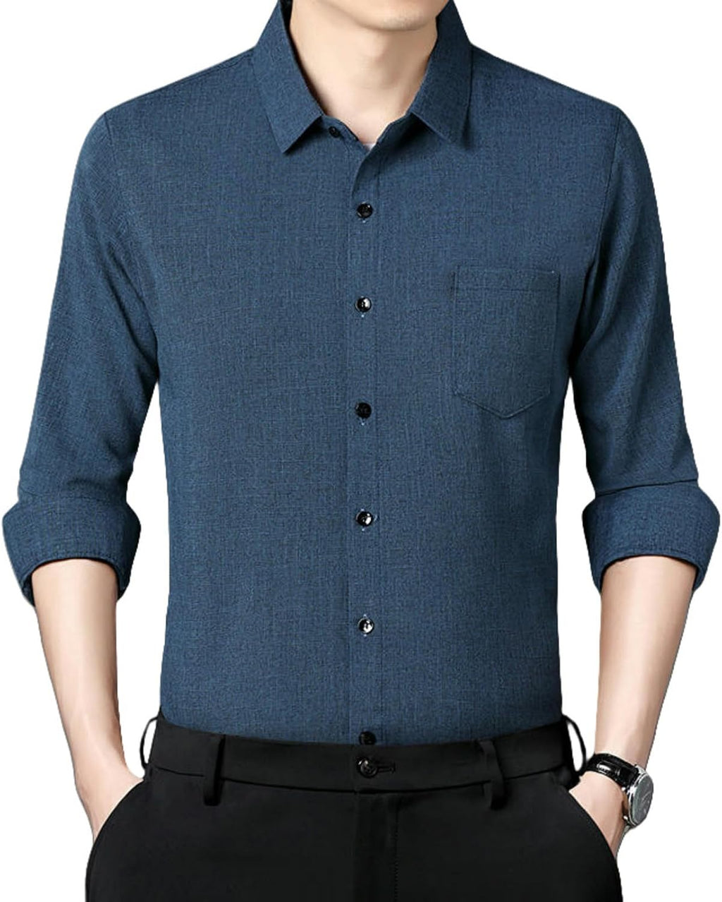 Men's Business Casual Cotton Linen Solid Slim Fit Long Sleeve Shirt Breathable Button Down