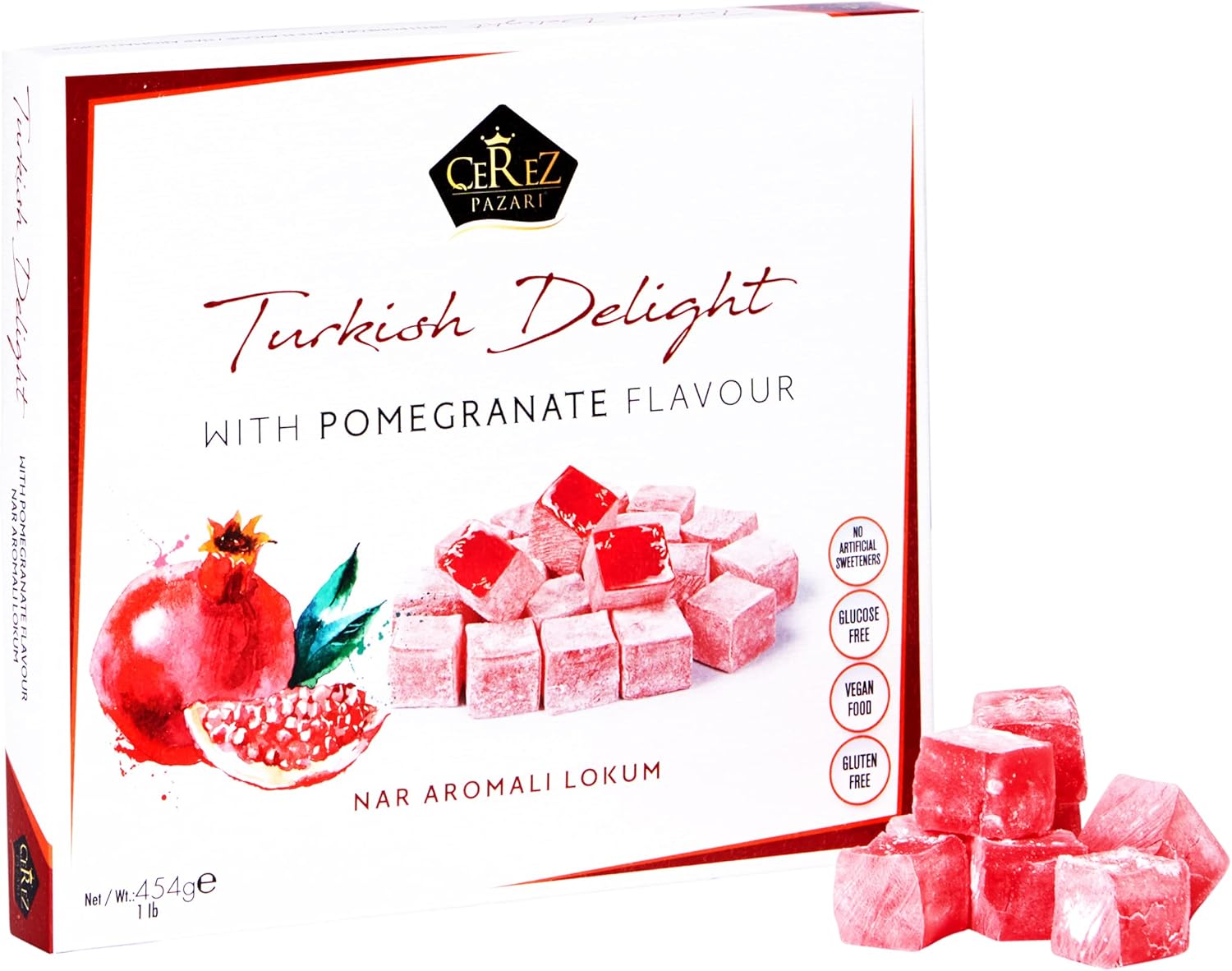 Turkish Delight Pomegranate Flavor, Gourmet Medium Size Snacks Gift Box, Sweet Luxury Traditional Confectionery, Vegan Soft Candy Dessert Loukoumi, Nuts & Glucose-Free Lokum, Approx. 42 Pcs, 16 oz.