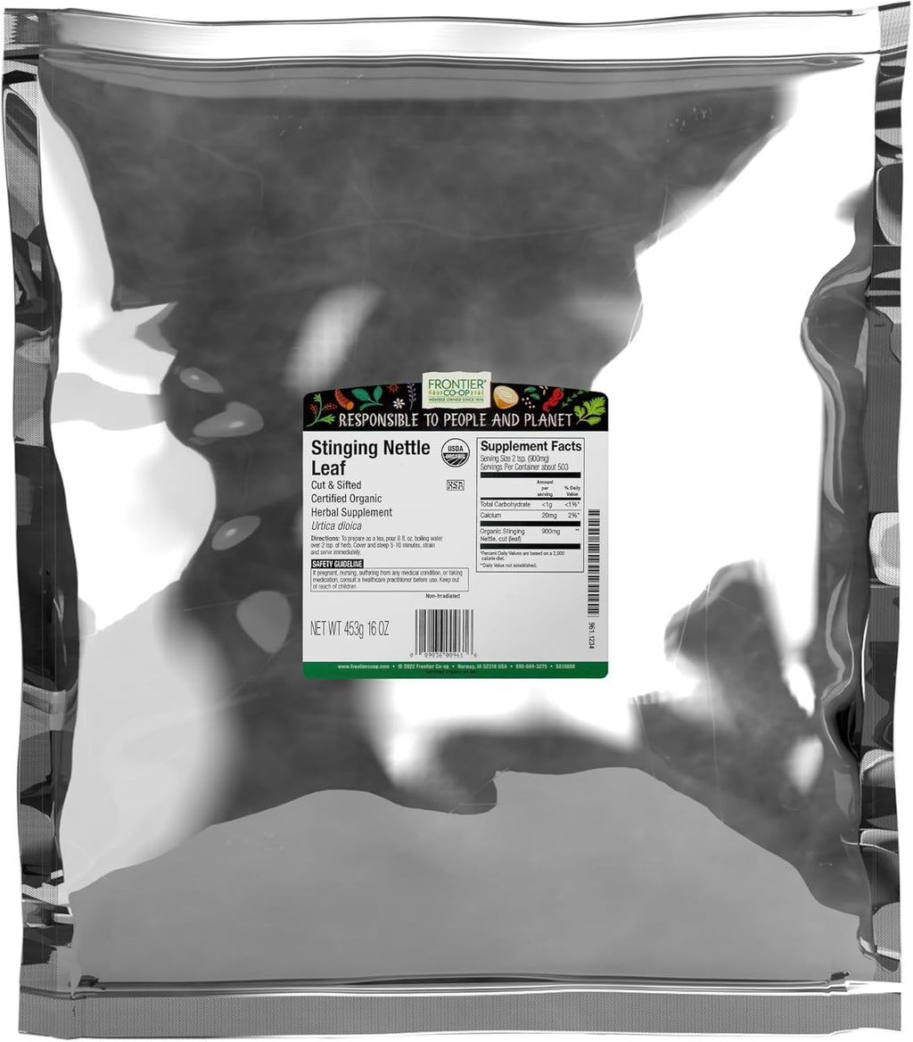 Frontier Co-op Organic Stinging Nettle Leaf, Cut and Sifted, For Making Nettle Tea, Kosher | 16 Ounce (Pack of 1)