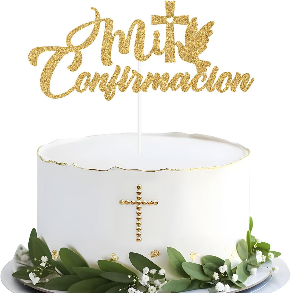 Zatain Mi Confirmacion Cake Topper, Spanish Mi Bautizo, First Holy Communion, Religious Wedding/Engagement/Baby Shower/Confirmation/1st Birthday Party Decorations - Gold Glitter