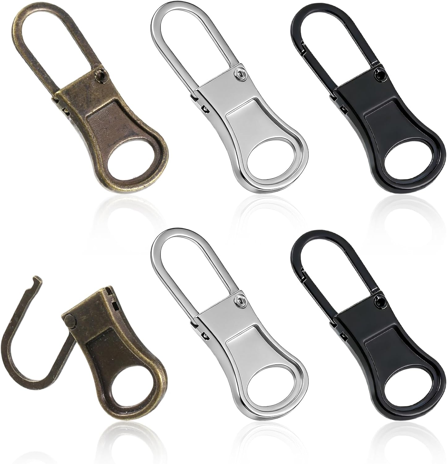 6 Pcs Zipper Pulls Replacement Detachable Zipper Head Zippers Repair Kit Zippers Pull Tabs Extender for Jackets Pants Coat Suitcase Backpack(Black Bronze Silver)