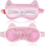 Cooling Eye Mask and Sleep Mask for Woman 2 Pcs, Cute Animal Cat Cartoon Pink Sleeping Mask Soft Cold Warm Compress Gifting for Dry Eyes Puff Eye Migraine Spa, Office, Morning Refreshment