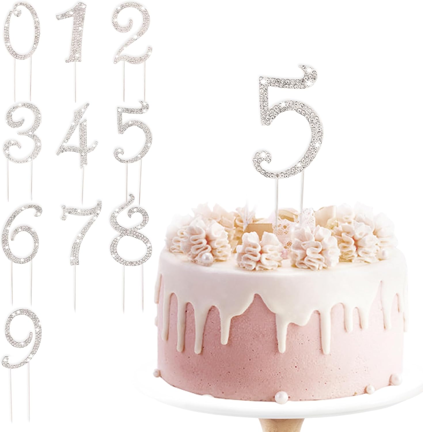 BEIDHIA Number Cake Topper 0-9,Silver Bling Rhinestone Happy Birthday Cake Topper for 5th 16th 18th 21st 30th 40th 60th 70th Birthday Party Anniversary Wedding Cake Decorations