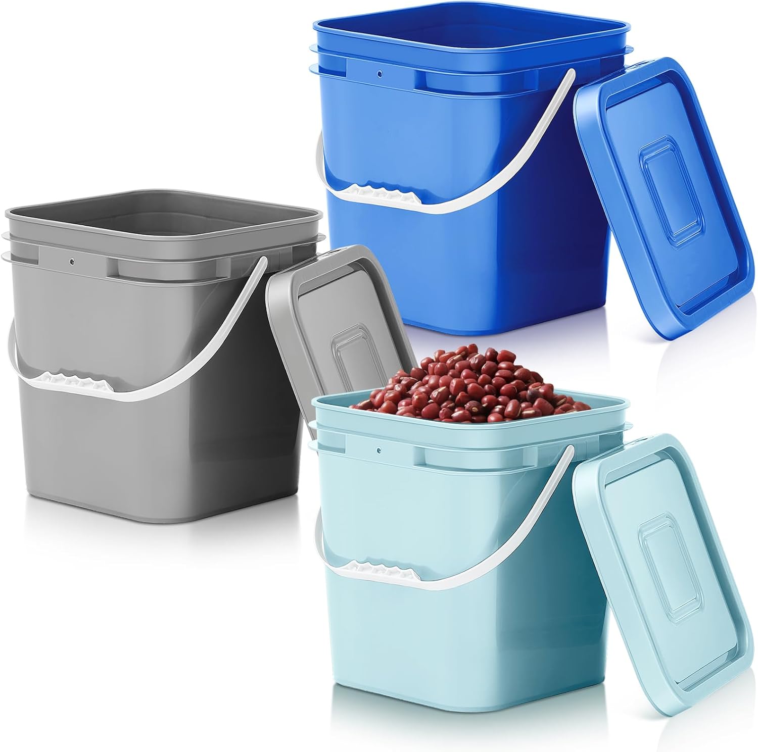 Mumufy 3 Pcs 3.5 Gallon Square Food Grade Bucket with Lid Square Bucket Pail Plastic Handles for Long Term Food Storage, Camping, Fishing, Home Organization Easy Stack and Store (Aqua,Gray,Blue)