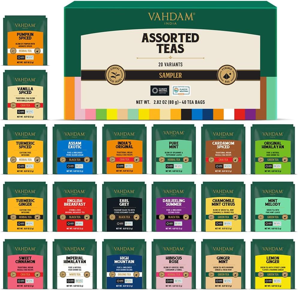VAHDAM, Assorted Tea Sampler (20 Delicious Variety, 40 Individually Wrapped Pyramid Teabags) Long Leaf Premium Teas I Tea Gift Set I Gift Ideas for Lovers | Gifts for Him/Her