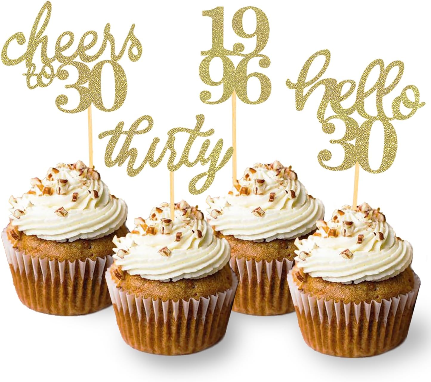 24 PCS Glitter 30th Birthday Cupcake Toppers for Celebrating Thirty Years Old Birthday Party Decorations for 30th Anniversary Party Supplies (Gold)