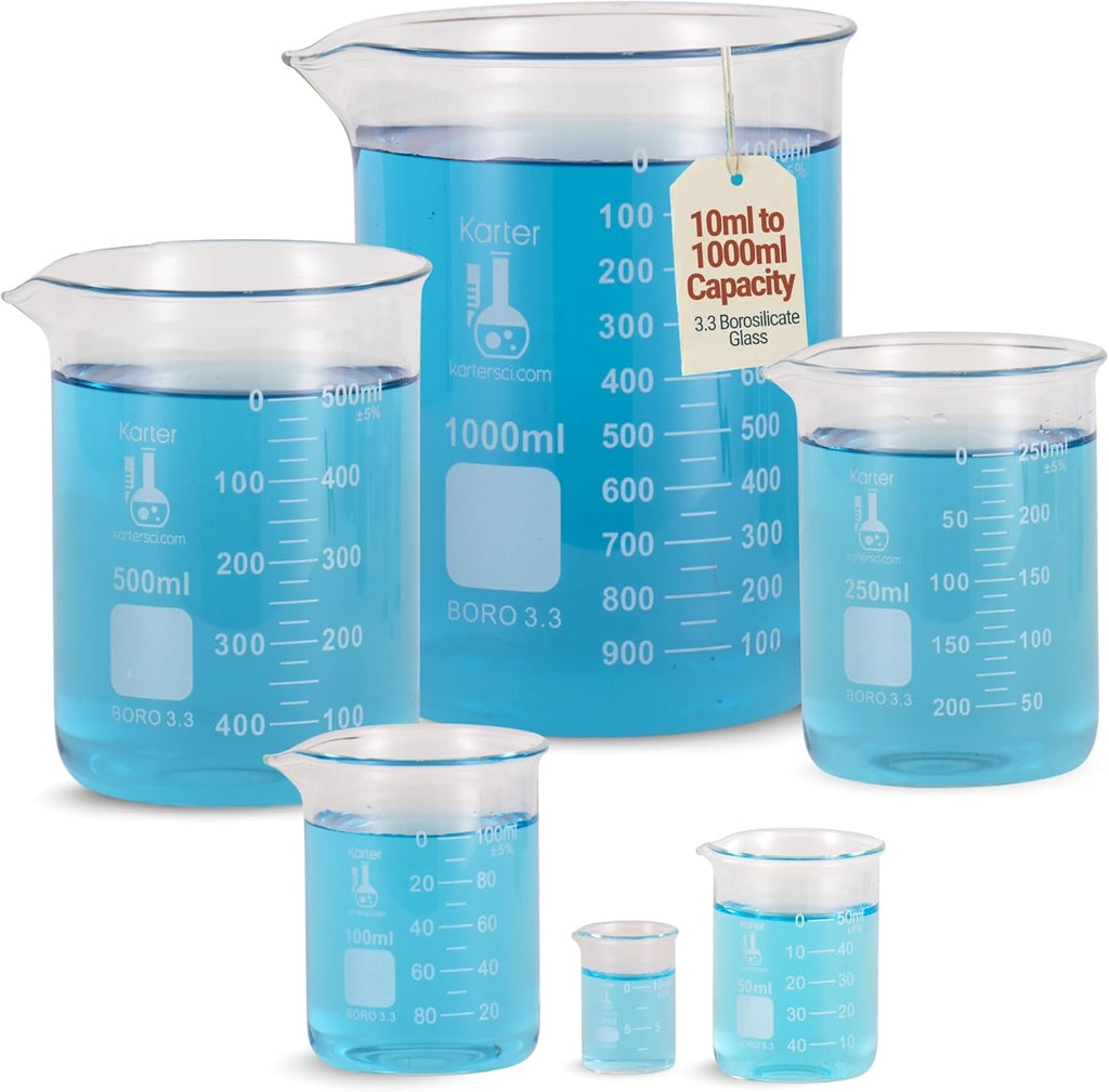 Karter Scientific, 3.3 Boro, Griffin Low Form, Glass Beaker Set - 6 Sizes - 10ml, 50ml, 100ml, 250ml, 500ml, 1000ml