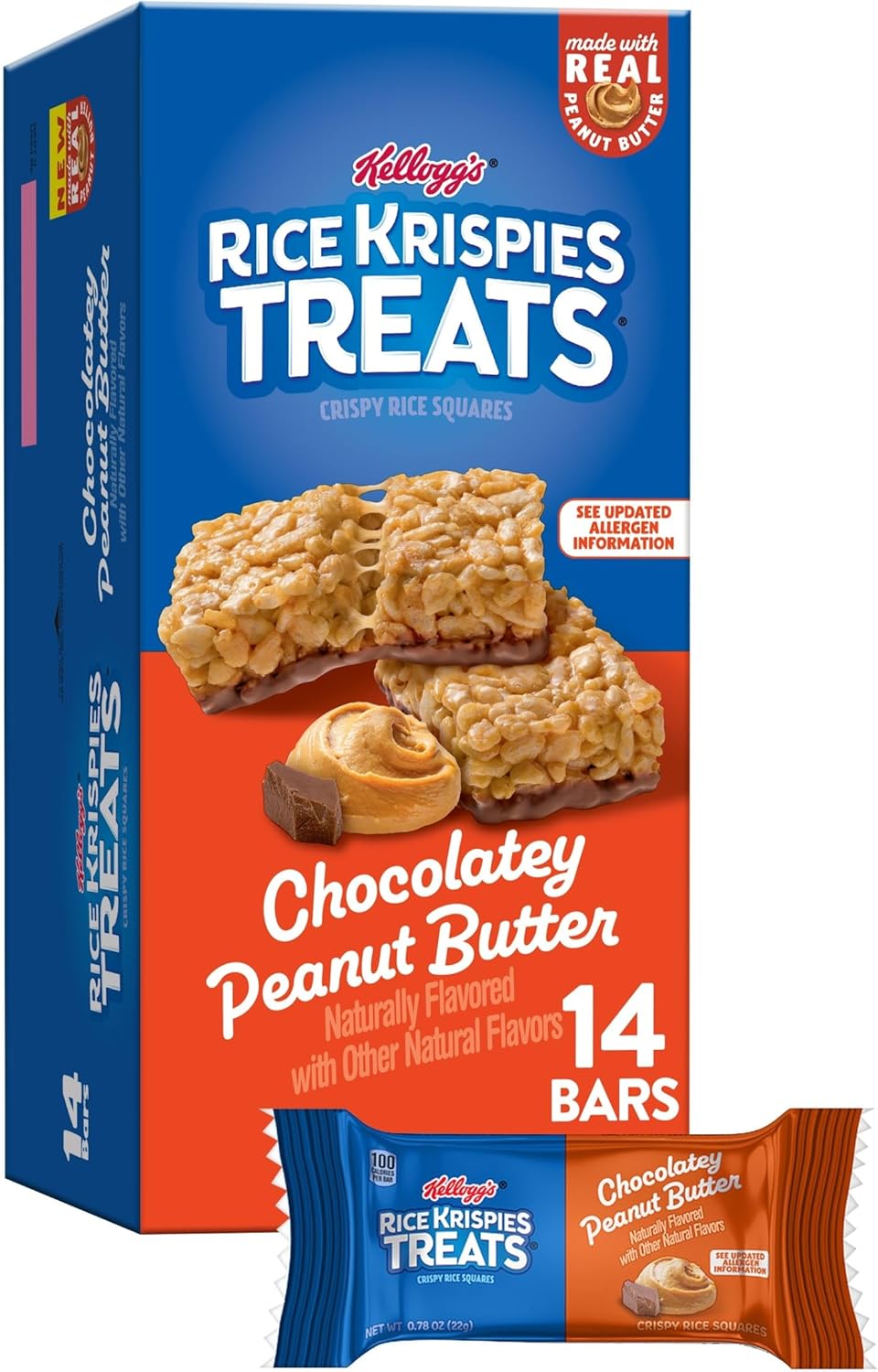 Rice Krispies Treats Crispy Rice Squares, Snack Bars, Chocolatey Peanut Butter, 10.8oz Box (14 Count)