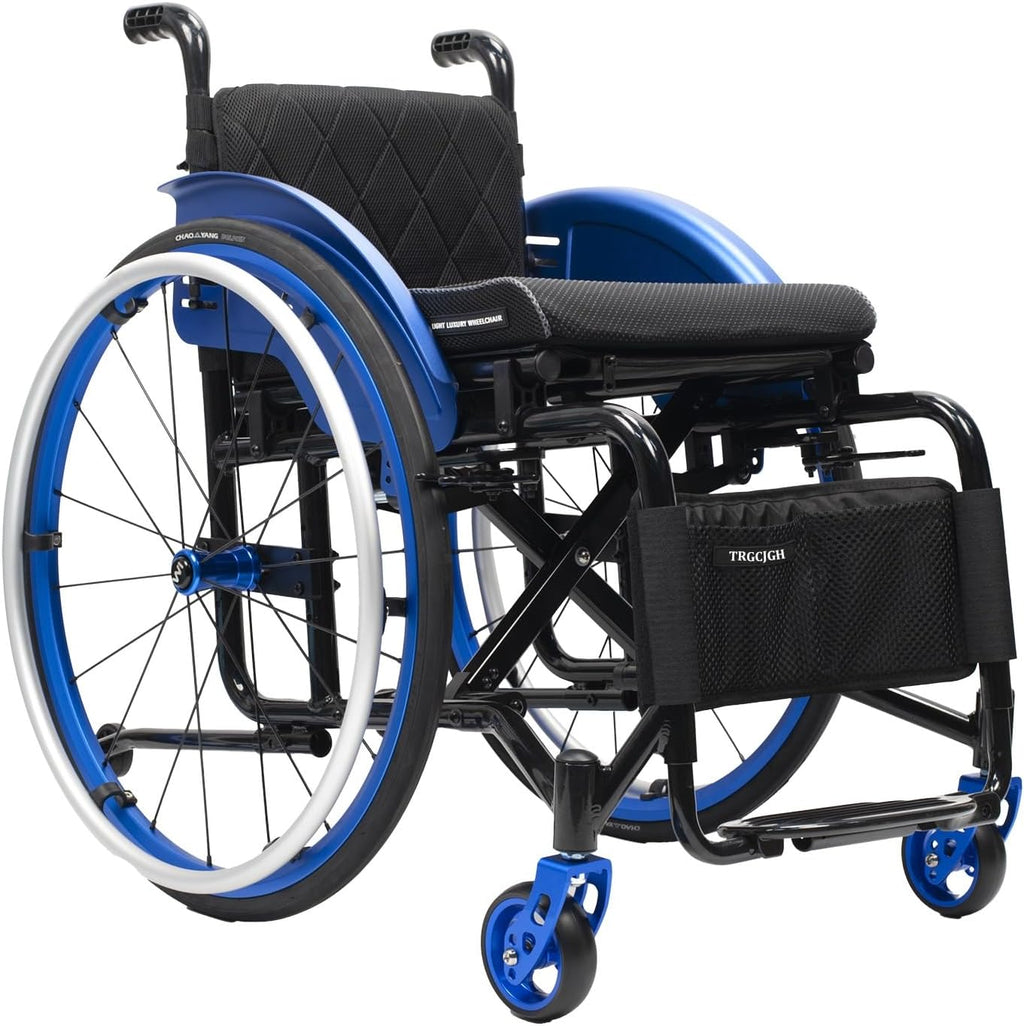 Portable Ultra Lightweight Folding Wheelchair, Self-propelled Manual Chairs, with Handbrakes and Quick Release Rear Wheels(Blue,16.5in Seat Width)