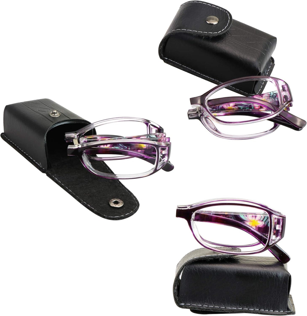 VisionGlobal 3 Pair Reading Glasses Foldable Readers with Blue Light Blocking lens Compact Folding Glasses for Women Reading Case Included (Purple, 1.25 Magnification)