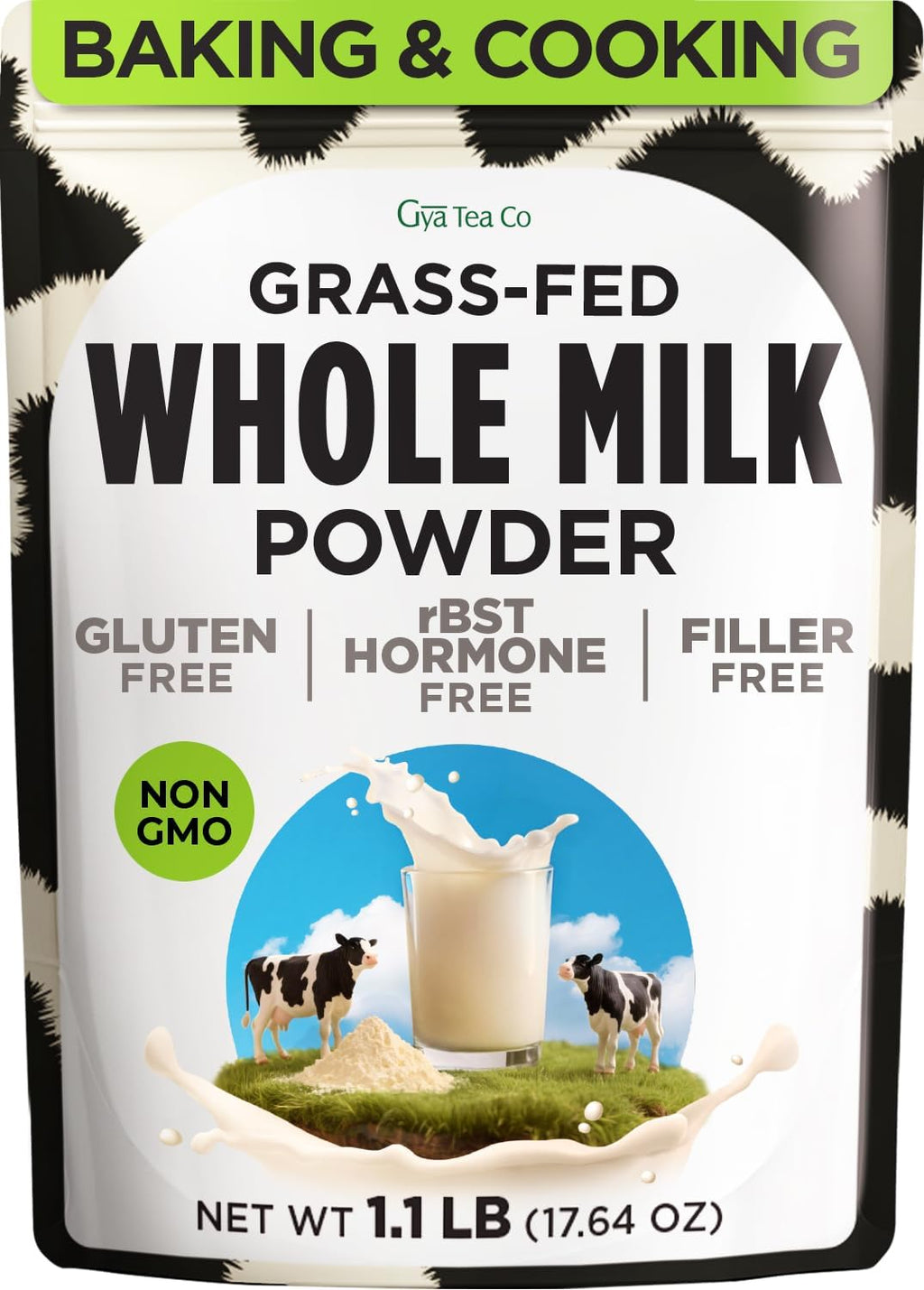 Gya Tea Co Whole Milk Powder 1.1lb (17.64 Oz) - Pasture Raised Source, rBST Hormone Free, Non-GMO - Shelf Stable Premium Grade Powdered Milk for Baking, Cooking, Smoothies - Rich in Protein & Calcium