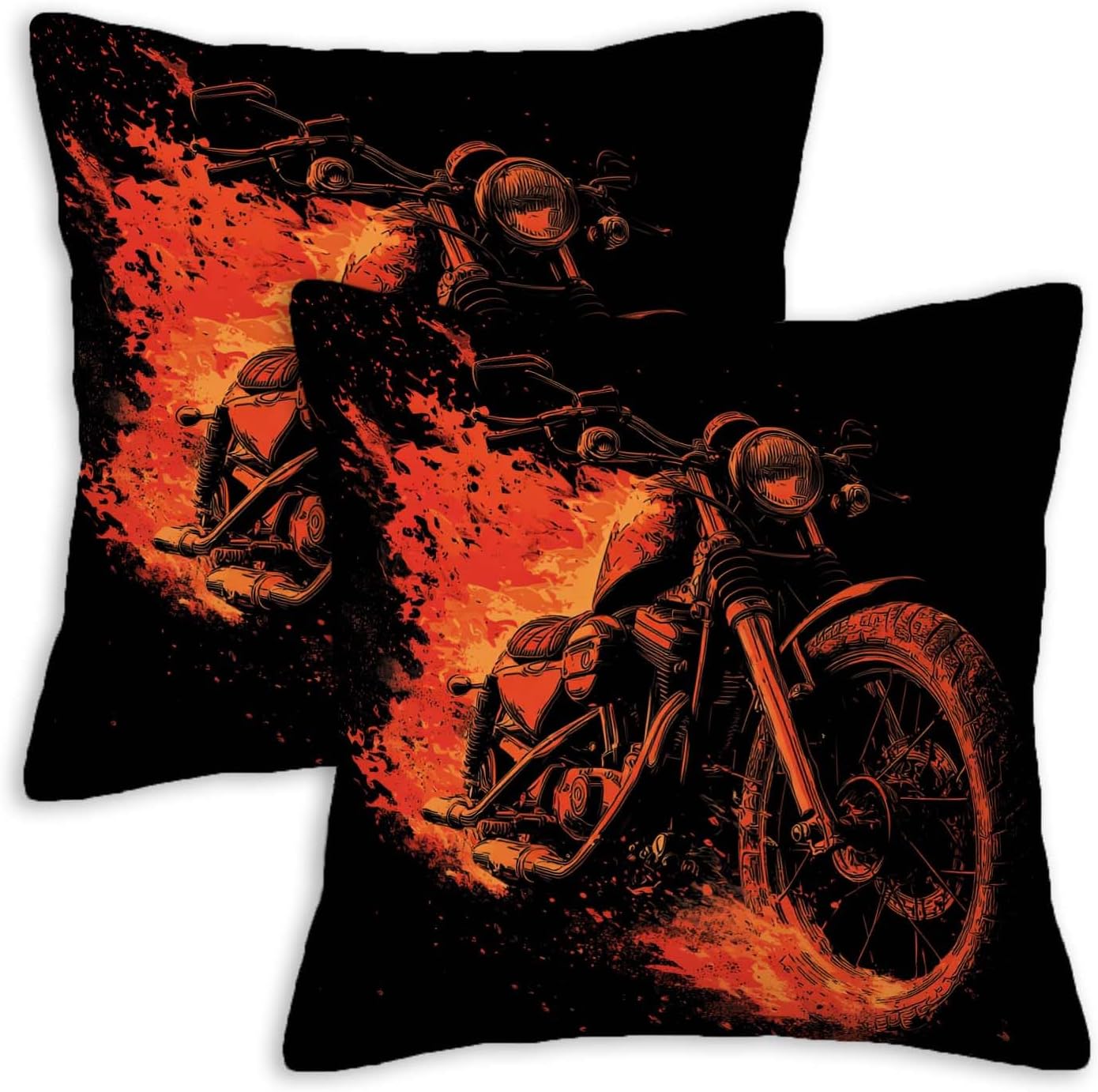 Flaming Motorcycle Pillow Covers 18x18 Set of 2 | Biker Decorative Cushion Cases | Fire Motorbike Pillowcases | Bold Garage Throw Covers for Sofa Living Room Bedroom Decor