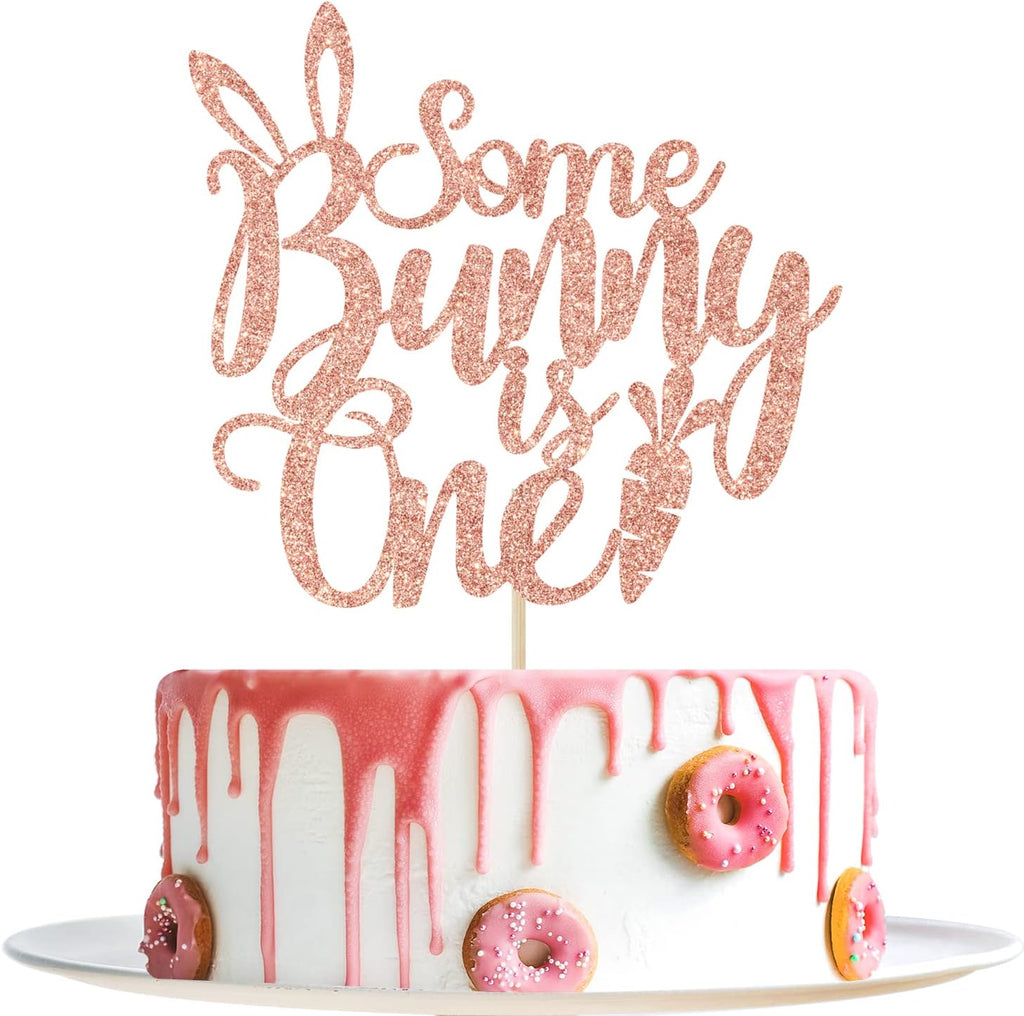 Some Bunny is One Cake Topper - Bunny 1st Birthday Decor - Easter Baby Shower Decor, First Birthday Easter Theme Party Decorations, Rose Gold Glitter