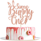 Some Bunny is One Cake Topper - Bunny 1st Birthday Decor - Easter Baby Shower Decor, First Birthday Easter Theme Party Decorations, Rose Gold Glitter