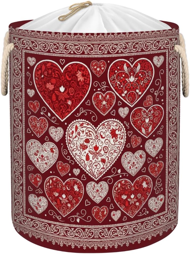 Large Laundry Basket Hamper 58L - Valentines Day Collapsible Storage Bin for Blankets, Kids Toys, Dirty Clothes - Tall Baby Nursery Hamper for Bedroom, Bathroom Decor, Gift Basket