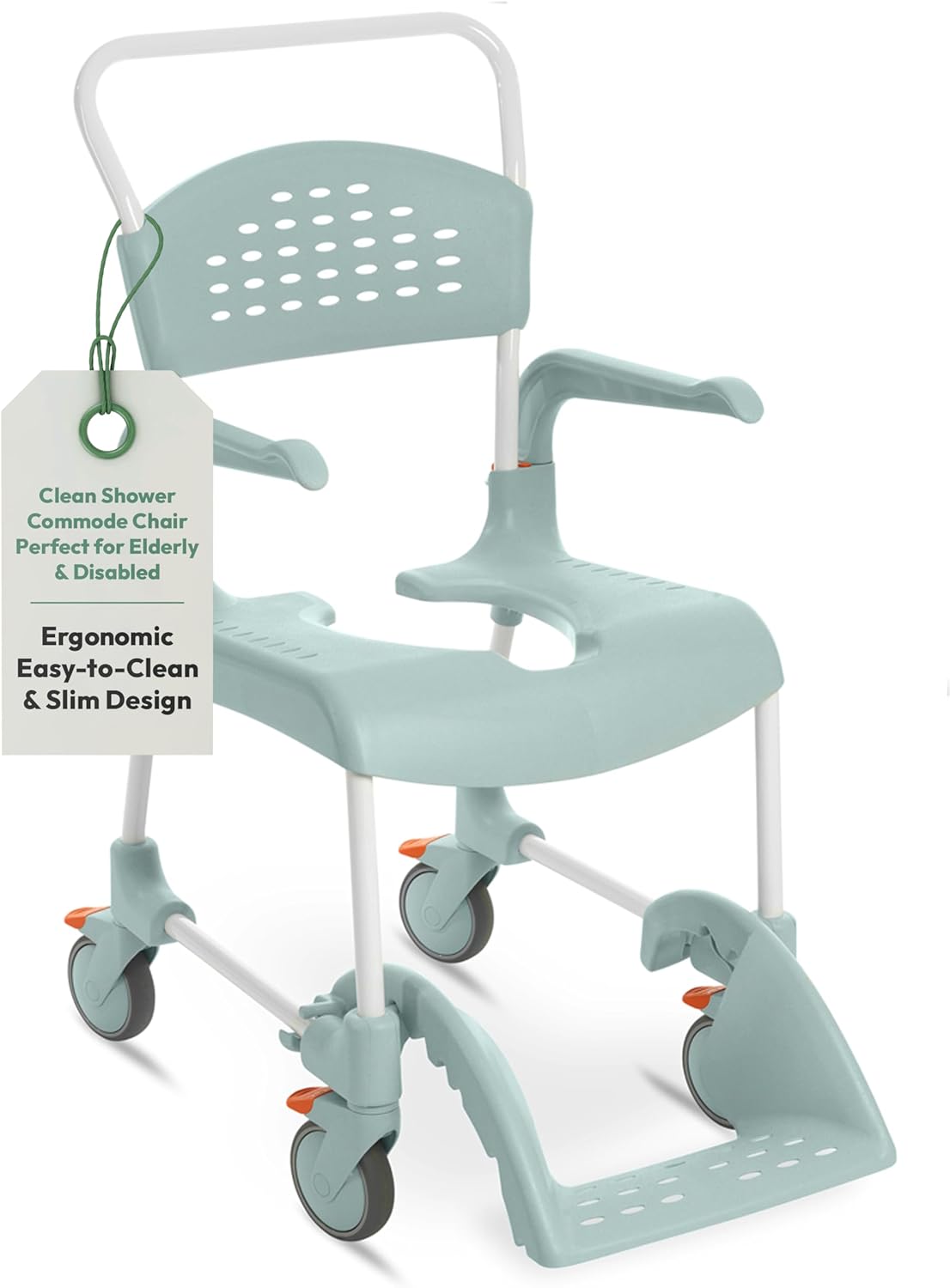 Etac Clean Shower Commode Chair – 19 1/4 Inches Fixed Height, Removable Armrests, Ergonomic Footrest – Easy-to-Maneuver Shower Chair with Wheels, Slim Design Fits Doorways
