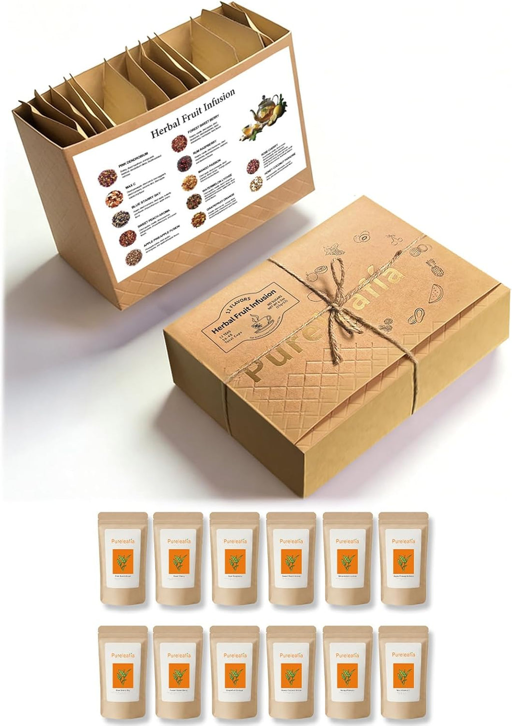 Pureleafia 12-Flavor Edible Herbal Fruit Infusion Gift Box, 15g x 12 Large Pouches, 100% Caffeine-Free & No Tea Base, Cold Brew & Hot Steep, One Pack Makes 2L, Natural & Healthy Summer Hydrator for Kids & Family