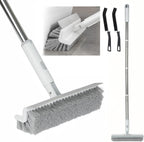 Floor Scrub Brush with Long Handle, 2 in 1 V-Shape Grout Brush with Squeegee + 2 Crevice Cleaning Brushes, Heavy Duty Stiff Bristle Scrubber Brush for Cleaning Shower Bathroom Kitchen Tile