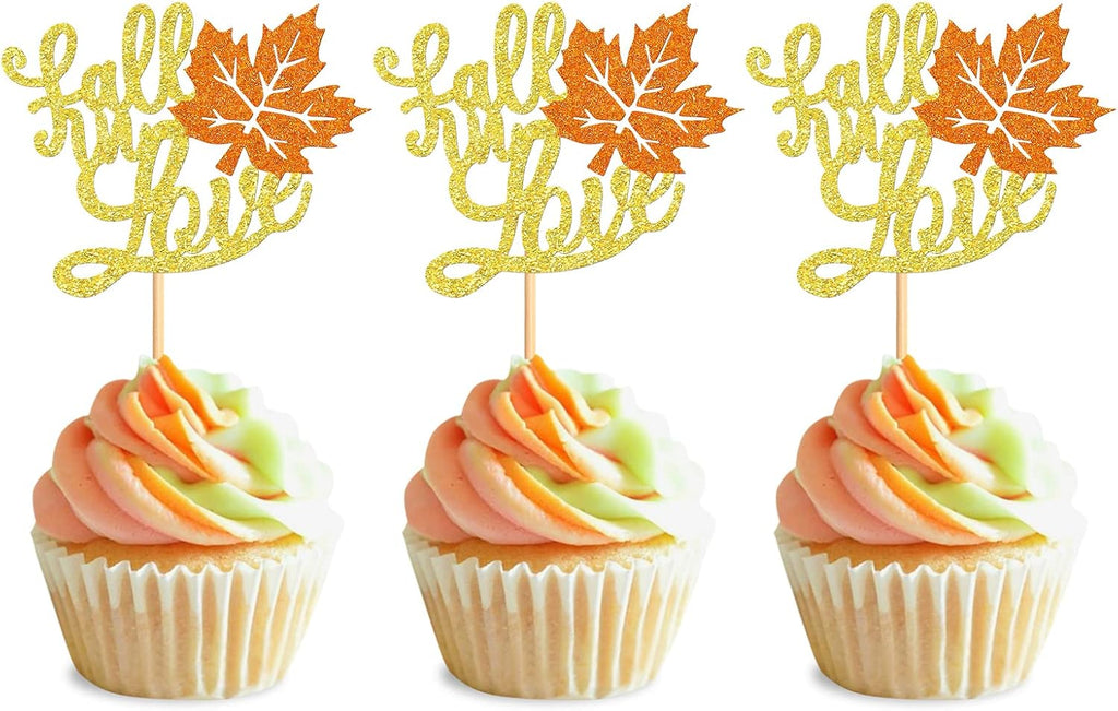 24 Pack Fall in Love Cupcake Toppers Thankgiving Maple Leaves Bridal Shower Cupcake Picks Engagement Wedding Anniversary Birthday Party Cake Decorations Supplies