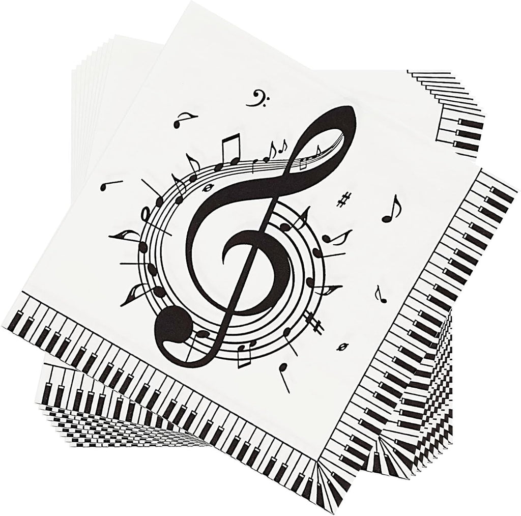100 Count Disposable Paper Music Napkins 2 Ply Musical Notes Piano Keys Print Decorative Beverage Guest Luncheon Dinner Cocktail Napkins for Music Themed Party, 6.5X6.5 Inches Folded